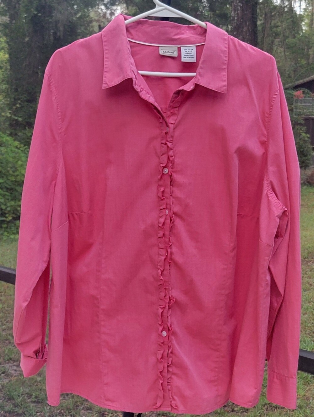 L.L.Bean Women's 1X Extended Pink Ruffle Front Button Up Cotton Shirt